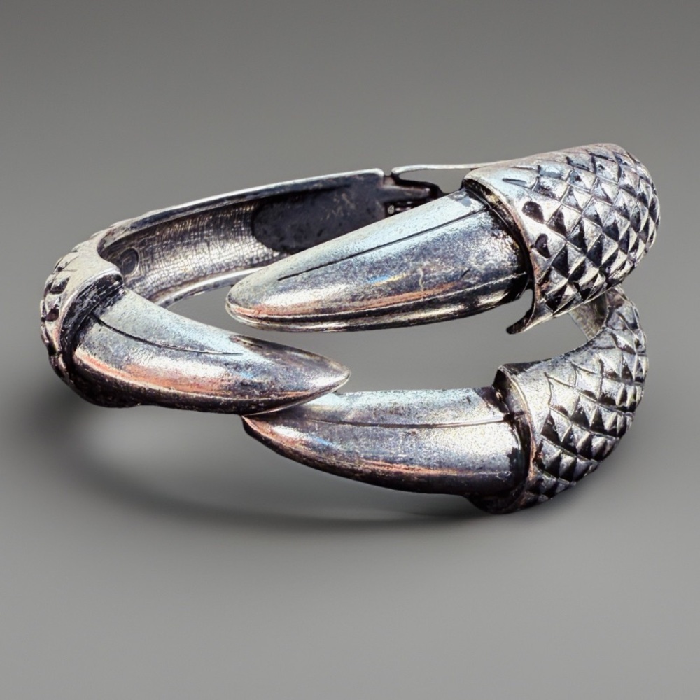 Aged Silvertone Textured Claw Hinged Bracelet - image 1